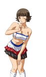  1girl breasts brow_hair brown_eyes brown_hair chouhi_ekitoku female finger_to_mouth highres ikkitousen large_breasts legwear official_art open_mouth short_hair skirt solo stockings thighhighs wink 