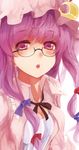  bespectacled blush bow breasts cleavage crescent dress glasses hair_bow hat long_hair nanahara_fuyuki patchouli_knowledge pink_eyes purple_hair small_breasts solo touhou 