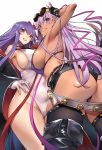  2girls :p armpits ass bb_(fate)_(all) bb_(swimsuit_mooncancer)_(fate) belt bikini black_coat blush breasts fate/grand_order fate_(series) fingerless_gloves gloves gyaru hair_ornament highleg highleg_leotard kamaboko_(ossann0125) large_breasts leotard multiple_girls purple_bikini purple_eyes purple_hair purple_ribbon ribbon shorts sideboob star star_hair_ornament studded_belt sunglasses swimsuit tan tongue tongue_out white_leotard 