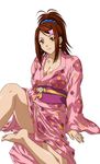  1girl bachou_mouki bow breasts brown_hair hair_ornament highres ikkitousen japanese_clothes kimono official_art sitting smile solo yellow_eyes 