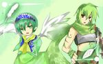  2girls brown_eyes dress green_background green_eyes green_hair hairband luminous_arc luminous_arc_2 mavi midriff multiple_girls navel open_mouth pointy_ears sadie scarf short_hair wings 