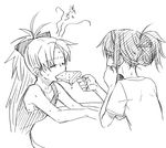  akemi_homura feeding food greyscale hair_up long_hair mahou_shoujo_madoka_magica monochrome mouth_hold multiple_girls ponytail popsicle sakura_kyouko sweat torinone translated watermelon_bar 