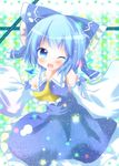  alternate_color ascot blue_eyes blue_hair blush bow cirno cosplay detached_sleeves fang hair_bow hakurei_reimu hakurei_reimu_(cosplay) one_eye_closed open_mouth player_2 short_hair smile solo touhou white_sleeves yuya_(minus-k) 