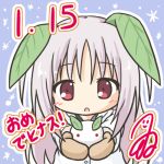  1girl :o bangs blush brown_mittens chibi eyebrows_visible_through_hair fur-trimmed_sleeves fur_trim grey_hair hair_between_eyes holding jacket leaf long_hair long_sleeves looking_at_viewer lowres mittens original outline outstretched_arms parted_lips red_eyes rinechun snow_bunny solo translation_request upper_body white_jacket white_outline 