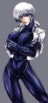  abs blue_eyes bodysuit breast_hold breasts cenes_crawford covered_nipples cropped_jacket crossed_arms impossible_clothes key-chang large_breasts lips lipstick makeup red_pupils short_hair silver_hair skin_tight slender_waist solo thunder_force thunder_force_v 
