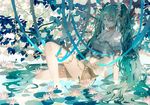  aqua_hair closed_eyes dress flower hatsune_miku lily_pad long_hair partially_submerged plant ribbon shorts solo tsukioka_tsukiho twintails very_long_hair vines vocaloid water 