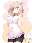  1girl aoto_(ar_tonelico) ar_tonelico ar_tonelico_iii bike_shorts blush braid breasts brown_hair hair_ornament heart impossible_clothes kamoto_tatsuya large_breasts pink_eyes saki_(ar_tonelico) short_hair twin_braids white_hair 