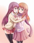  achiga_school_uniform blush brown_hair cardigan green_eyes katoyuu long_hair matsumi_kuro matsumi_yuu mittens multiple_girls pantyhose purple_eyes purple_hair ribbon saki saki_achiga-hen scarf siblings sisters thighhighs 