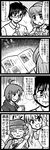  3girls 4koma check_translation comic enokuma_uuta glasses greyscale highres hoshii_miki idolmaster idolmaster_(classic) kikuchi_makoto mole mole_under_mouth monochrome multiple_boys multiple_girls newspaper otonashi_kotori producer_(idolmaster_anime) translation_request 