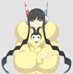  alternate_hair_color animal animal_in_clothes bangs black_hair blue_eyes crossed_arms emolga fur_coat gen_5_pokemon grey_background headphones kamitsure_(pokemon) lang_(chikage36) long_hair long_sleeves looking_at_viewer nail_polish parted_lips pink_nails pokemon pokemon_(creature) pokemon_(game) pokemon_bw2 simple_background smile upper_body yellow_coat 