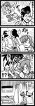  3girls 4koma bed blood boxing_gloves comic enokuma_uuta futami_ami futami_mami glasses greyscale highres hospital_bed idolmaster idolmaster_(classic) intravenous_drip kicking kikuchi_makoto monochrome multiple_girls nosebleed producer_(idolmaster_anime) punching translated 