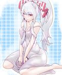  alternate_costume alternate_hairstyle bad_id bad_pixiv_id barefoot blush bow breasts cleavage dress fujiwara_no_mokou hair_bow high_ponytail long_hair medium_breasts nightgown off_shoulder one_eye_closed ponytail purple_dress red_eyes silver_hair sitting solo somsom strap_slip touhou v_arms wariza 