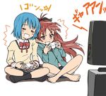  2girls :d =_= bare_legs barefoot black_legwear blue_hair blush_stickers bow casual commentary_request controller cutoffs denim denim_shorts game_console game_controller hair_bow hood hoodie indian_style long_hair long_sleeves mahou_shoujo_madoka_magica miki_sayaka multiple_girls navel no_shoes open_mouth plaid plaid_skirt playing_games ponytail red_eyes red_hair sabaku_chitai sakura_kyouko school_uniform short_hair shorts simple_background sitting skirt smile socks sweatdrop television v-shaped_eyebrows white_background xbox_360 