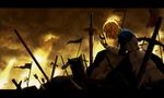  arrow artoria_pendragon_(all) battlefield blonde_hair blood dress evol-vixip-nir excalibur fate/zero fate_(series) flag hair_down letterboxed light_rays planted_arrow planted_sword planted_weapon realistic saber solo sunbeam sunlight sword weapon 