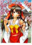  architecture bow brown_eyes brown_hair cherry_blossoms collarbone detached_sleeves east_asian_architecture gohei hair_bow hair_tubes hakurei_reimu highres midriff navel nobita sarashi shrine smile solo touhou traditional_media 