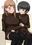  ? ahoge black_hair black_legwear blue_eyes breasts brown_eyes brown_hair chihara_kuroyuri couch highres komusou_(jinrikisha) large_breasts long_hair multiple_girls naughty_face ooba_minori original ribbed_sweater short_hair smile sweatdrop sweater thighhighs zettai_ryouiki 