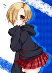  asazuki_kanai black_legwear blonde_hair blush brown_eyes ear_piercing hair_over_one_eye heart hood hoodie idolmaster idolmaster_cinderella_girls open_mouth pale_skin piercing pleated_skirt shirasaka_koume short_hair skirt sleeves_past_wrists solo sweater thighhighs 