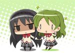  2girls :&gt; akemi_homura black_hair bow chibi commentary_request hairband jitome long_hair mahou_shoujo_madoka_magica multiple_girls open_mouth pantyhose school_uniform shaded_face shizuki_hitomi skirt smile sparkle u_u yoshiwo_(kanikama) yuri 