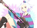  1girl bare_legs blue_eyes boots guitar gym_leader hair_bobbles hair_ornament homika homika_(pokemon) instrument pokemon pokemon_(game) pokemon_bw2 shirt simple_background solo striped striped_shirt white_background white_hair 