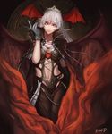  banned_artist breasts cape center_opening chain cleavage demon_girl gloves head_wings heart lips medium_breasts navel original parted_lips red_eyes signature solo succubus tiara white_hair wings yinan_cui 