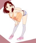  adjusting_hair bent_over black_eyes black_hair cutoffs denim denim_shorts downblouse flat_chest francine_(daijaemon) light_smile no_bra original panties shoes short_hair short_shorts shorts smile sneakers solo tank_top thighhighs underwear vest 