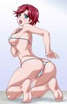  ass barefoot bikini blue_eyes blush breasts cameltoe feet from_behind gundam gundam_age highres kneeling large_breasts looking_back micro_bikini natora_einus okiyumi_kase open_mouth red_hair short_hair skindentation soles solo strap_gap swimsuit 