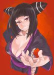  alternate_costume black_hair breasts cleavage drill_hair from_above grin han_juri hands head_tilt highres large_breasts megumi_yakiniku nail_polish outstretched_hand perspective purple_eyes side_slit smile solo street_fighter street_fighter_iv_(series) twin_drills 