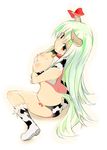  animal_print bell boots breast_hold breasts butt_crack cleavage cow_bell cow_print ex-keine from_behind full_body green_hair horn_ribbon horns kamishirasawa_keine large_breasts long_hair looking_at_viewer looking_back panties puuakachan red_eyes ribbon simple_background sitting sleeveless solo tail touhou underwear wariza white_background 