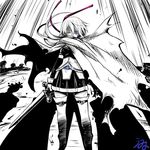  blue_eyes breastplate breasts cape detached_sleeves high_contrast highres injury magical_girl mahou_shoujo_madoka_magica miki_sayaka monochrome ribbon scar shadow signature skirt small_breasts spot_color sword thighhighs torn_cape umyonge_(lkakeu) weapon wraith_(madoka_magica) zettai_ryouiki 