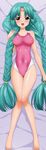  aqua_hair bare_legs bare_shoulders barefoot blue_eyes blush braid breasts canal_vorfeed competition_swimsuit covered_nipples dakimakura facial_mark forehead_mark full_body highres large_breasts long_hair looking_at_viewer lost_universe lying navel on_back one-piece_swimsuit pink_swimsuit skin_tight solo sugimura_tomokazu swimsuit twin_braids very_long_hair 