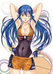  1girl :p basketball basketball_uniform blue_hair blush bow breasts brown_eyes character_name cleavage english female ge_xi gou_song_(ge_xi) hair_bow leotard long_hair navel original shorts smile solo sportswear tongue tongue_out twintails undressing very_long_hair watermark web_address wink 