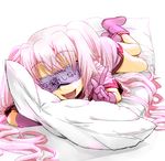  :d blindfold inagiri_yunou long_hair lying medaka_box on_stomach open_mouth pillow pink_hair smile solo tachiarai_kiruko very_long_hair 