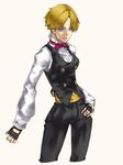  bad_id bad_pixiv_id blonde_hair blue_eyes bow bowtie breasts cowboy_shot cropped_legs croupier dress_shirt earrings fingerless_gloves formal gloves hand_on_hip high_collar jewelry king_(snk) medium_breasts neco ryuuko_no_ken sash shirt solo the_king_of_fighters vest 