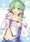  bad_id bad_pixiv_id blush breasts culter detached_sleeves frog_hair_ornament grabbing green_eyes green_hair hair_ornament hair_tubes highres kochiya_sanae long_hair medium_breasts open_mouth panties skirt smile snake solo striped striped_panties touhou underwear 