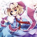  alice_margatroid bad_id bad_pixiv_id blonde_hair blue_dress blue_eyes blush capelet dress flower kanora light_particles sash short_hair smile solo string touhou wrist_cuffs 