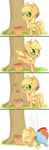  apple applejack_(mlp) basket blonde_hair chibi comic cowboy_hat cute dead equine female feral friendship_is_magic fruit grass green_eyes green_sclera hair hat horse mammal multi-colored_hair my_little_pony no_pupils pony rainbow_dash_(mlp) rainbow_hair sad solar-slash tears tree white_sclera wood x_eyes x_x 