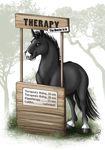  all_fours ambiguous_gender avoid_posting black_body conditional_dnp doctor english_text equine female feral fur grass grey_fur hooves horse looking_at_viewer mammal outside plain_background sign smile solo standing tani_da_real text therapy therapy_horse tree white_background wood 