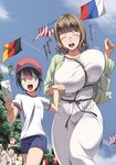 1girl age_difference american_flag baseball_cap black_hair blush borrowing_race bouncing_breasts breasts brown_hair bursting_breasts card cardigan child cleavage closed_eyes crowd danish_flag dress faceless flag flags_of_all_nations german_flag glasses green_eyes gym_shorts gym_uniform hat highres holding_hands huge_breasts inconvenient_breasts kloah mature mole mole_under_eye nail_polish no_bra open_mouth original pointing polish_flag running russian_flag saliva short_hair short_twintails shorts sitting_on_shoulder sports_festival string_of_flags teacher_and_student tongue translated tree twintails ukrainian_flag union_jack 