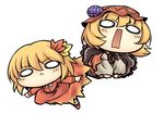  :&lt; aki_minoriko aki_shizuha blonde_hair chibi dress food fruit grapes hair_ornament hat leaf leaf_hair_ornament leaf_on_head multiple_girls nekoguruma o_o open_mouth siblings simple_background sisters touhou white_background 