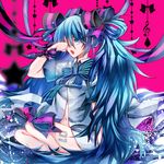  :o bad_id bad_pixiv_id bare_legs blue_eyes blue_hair blurry bow depth_of_field hair_bow hatsune_miku houhou_(black_lack) large_bow legs long_hair navel no_pants number one_eye_closed open_clothes open_mouth open_shirt pink_background rubbing_eyes shirt sitting solo striped twintails unbuttoned very_long_hair vocaloid yokozuwari 