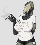  2019 absurd_res anthro big_breasts breasts cigarette clothed clothing digital_media_(artwork) english_text female grin hand_behind_back hi_res keadonger lizard rental_mommy reptile scalie scp-682 scp_foundation shirt shorts simple_background smile solo t-shirt teeth text white_background 