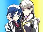  blue_eyes blue_hair genderswap genderswap_(mtf) grey_eyes grey_hair h2so4 headphones multiple_girls narukami_yuu persona persona_3 persona_4 school_uniform sketch unbuttoned yuuki_makoto 