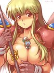  1girl 2012 areola_slip areolae armor blonde_hair blood breasts chibi dated gloves hair_censor hair_over_breasts hat kaneko_tsukasa large_breasts long_hair miniboy nosebleed raiel red_armor red_eyes sizer violinist_of_hameln white_background 