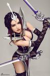  1girl cosplay dual_wield dual_wielding long_hair looking_at_viewer photo sword weapon 