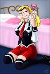  bed bible_black blonde_hair blue_eyes crossover helga_g_pataki hey_arnold! necktie paper_doll pillow r-i-perils school_uniform shoes sitting skirt suspenders thighhighs unibrow zettai_ryouiki 