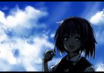  black_hair blue_eyes blue_sky cloud day letterboxed matsuno_canel open_mouth original sky smile solo 