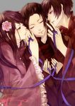  2boys artist_name axis_powers_hetalia blush brown_eyes brown_hair changpao china_(hetalia) chinese_clothes closed_eyes flower frills hair_flower hair_ornament hong_kong_(hetalia) long_hair multiple_boys ribbon taiwan_(hetalia) teen123 whispering wide_sleeves 