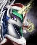  alcohol beverage black_background blue_hair christmas christmas_hat clothed clothing cup drinking equine female feral friendship_is_magic green_hair hair hat holidays horn horse huussii long_hair magic mammal multi-colored_hair my_little_pony plain_background pony portrait princess princess_celestia_(mlp) purple_eyes royalty santa_hat simple_background solo two_tone_hair wine winged_unicorn wings 