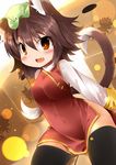  adapted_costume animal_ears black_legwear blush box brown_hair cardboard_box cat_ears cat_tail chen chinese_clothes fang hat highres koha open_mouth orange_eyes short_hair solo tail thighhighs touhou yamato_transport 