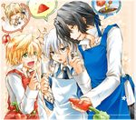  2boys 2girls apron black_hair blonde_hair blue_eyes blush carrot character_request echo eyes_closed food gilbert_nightray green_eyes knife multiple_boys multiple_girls open_mouth oz_vessalius pandora_hearts vincent_nightray white_hair yellow_eyes 
